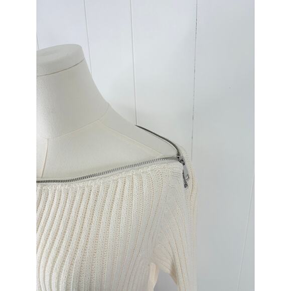 Zara Ribbed Off Shoulder Zip Sweater Size Medium White Ivory - Picture 5 of 10